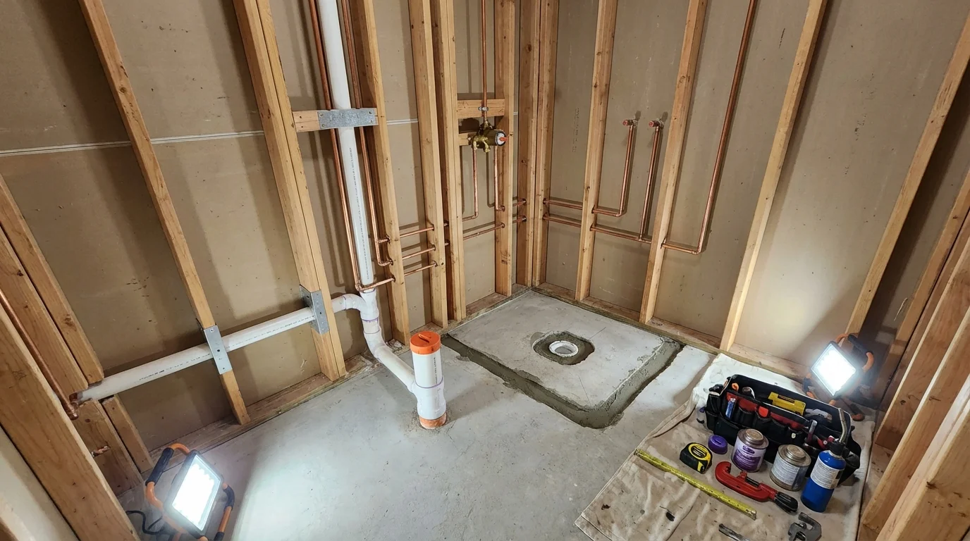 Bathroom rough-in plumbing during remodel by Johns Plumbing LLC in Armada