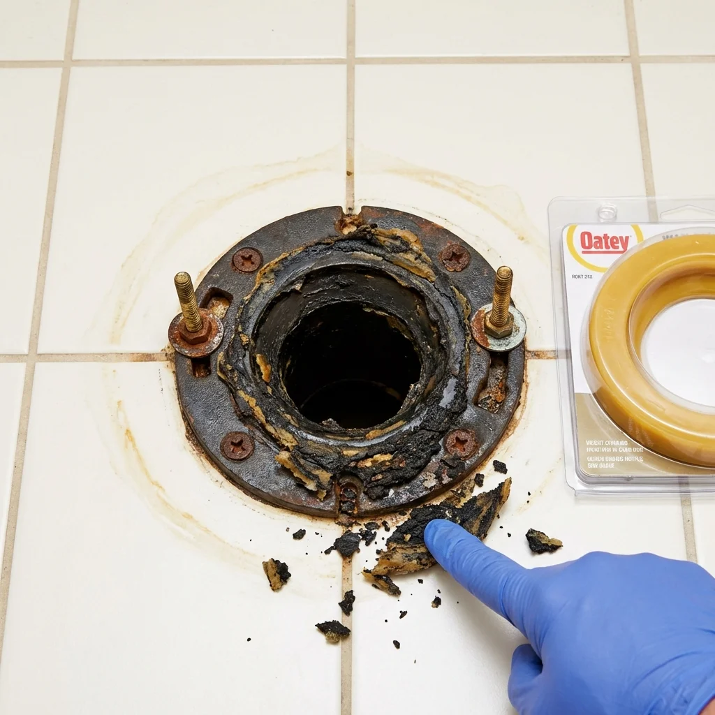 Failed wax ring showing water seepage at the base of a toilet in a Armada, MI home