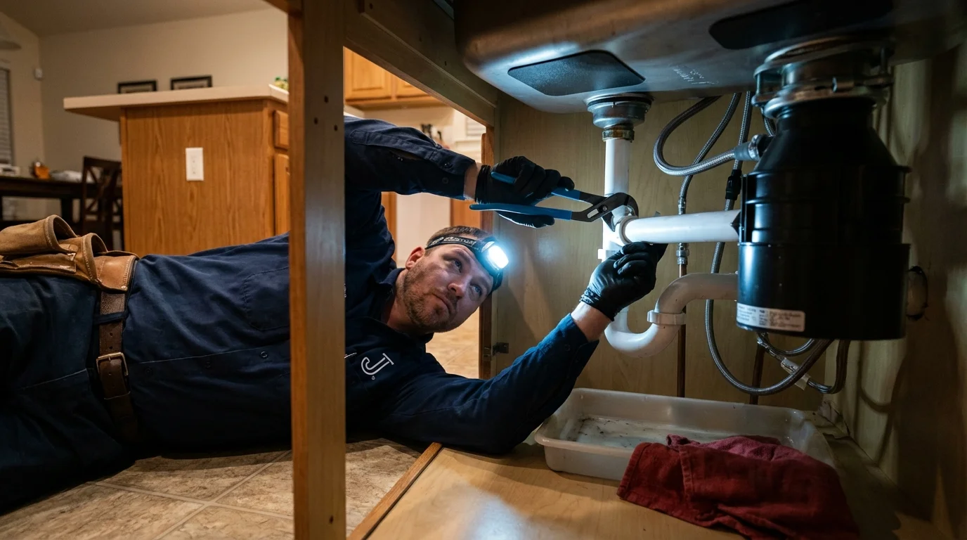 P-trap and supply line connections under a kitchen sink showing a common leak point in Armada, MI